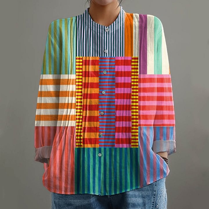Dames kleurrijk patchwork gestreept shirt van katoen en linnen met 3/4 mouwen