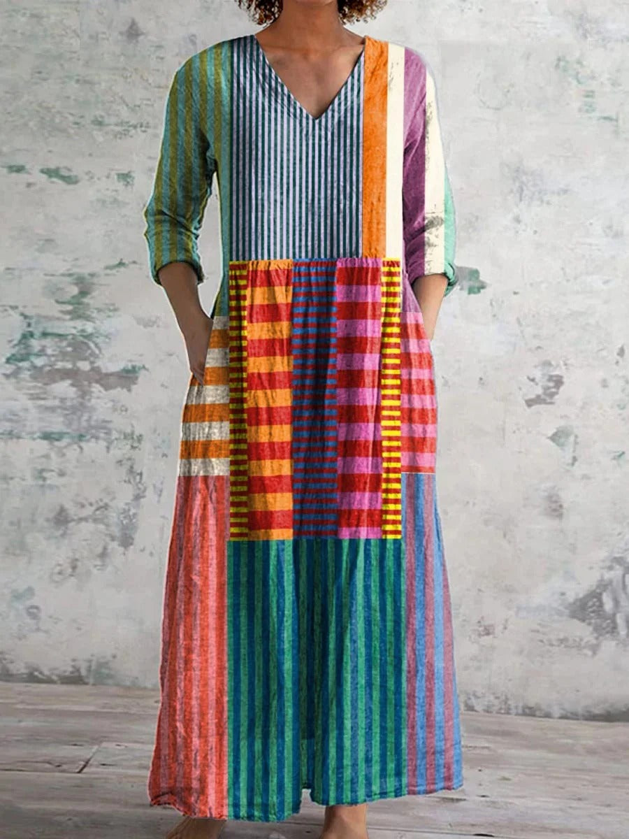 Dames kleurrijk patchwork gestreept shirt van katoen en linnen met 3/4 mouwen