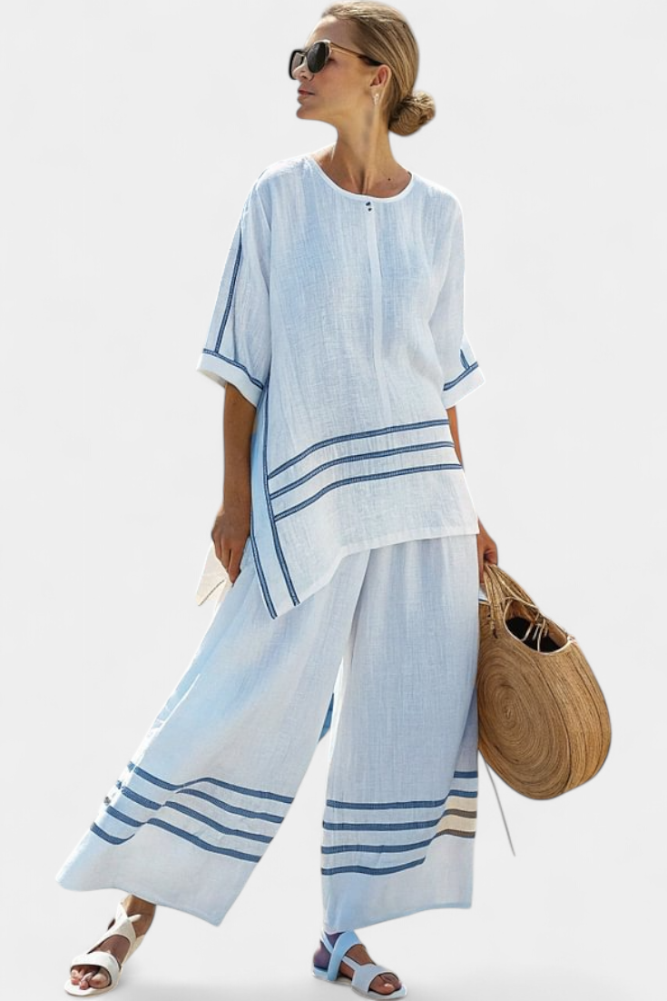 Gestreepte wijde broekenset met asymmetrische snit – moderne en comfortabele stijl