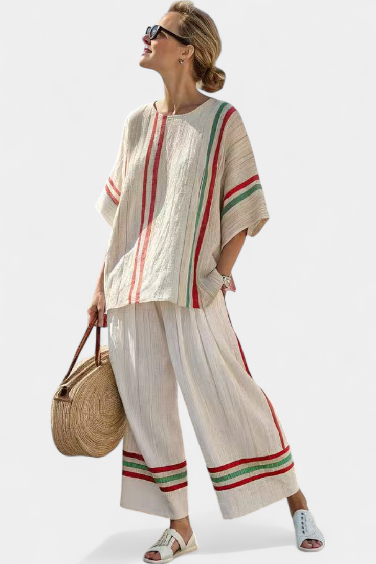 Mediterrane Daisy-set in bamboelinnen met elegante rode en groene strepen