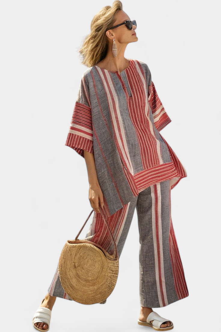 Oversized Daisy-set in linnen met rok in koraalrode en grijze strepen, moderne en comfortabele stijl