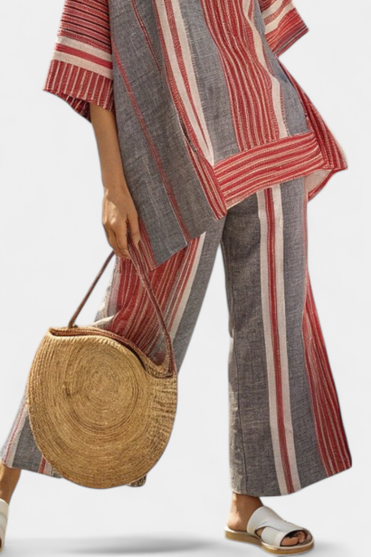 Oversized Daisy-set in linnen met rok in koraalrode en grijze strepen, moderne en comfortabele stijl