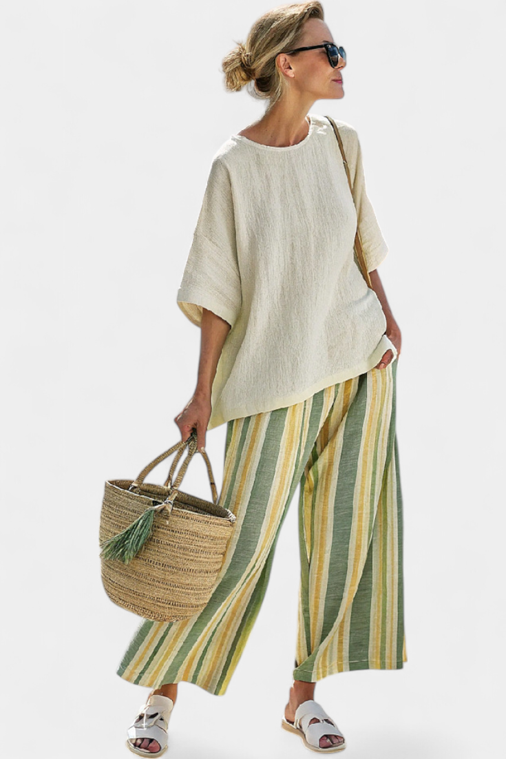 Mediterrane Daisy-set in bamboelinnen met olijfgroene strepen voor een verfrissende en verfijnde stijl