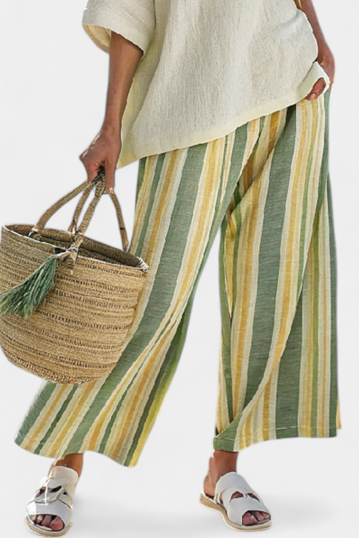 Mediterrane Daisy-set in bamboelinnen met olijfgroene strepen voor een verfrissende en verfijnde stijl
