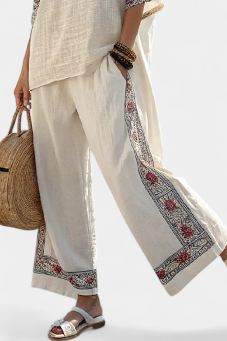 Mediterrane Daisy-set in bamboelinnen met elegante rode en groene strepen