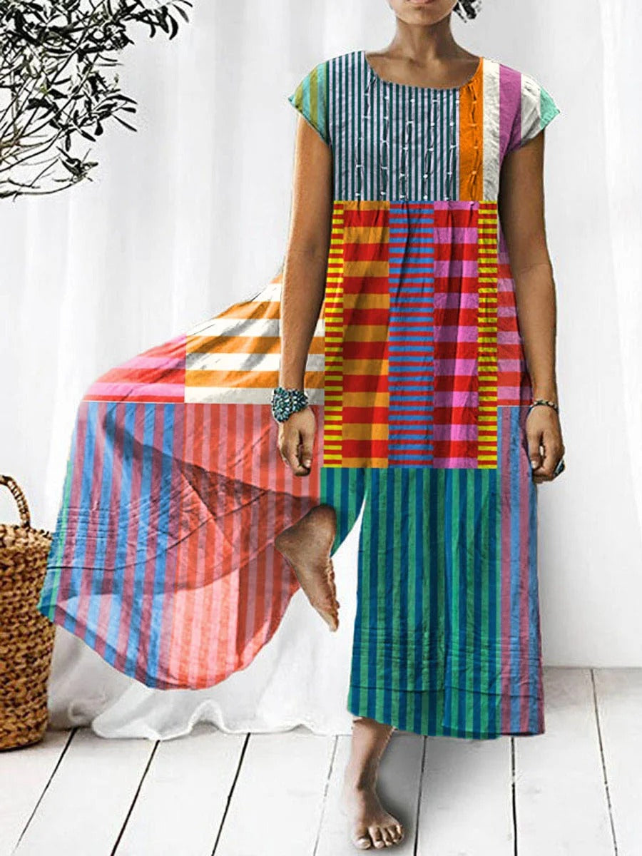 Dames kleurrijk patchwork gestreept shirt van katoen en linnen met 3/4 mouwen