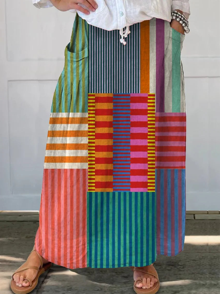 Dames kleurrijk patchwork gestreept shirt van katoen en linnen met 3/4 mouwen