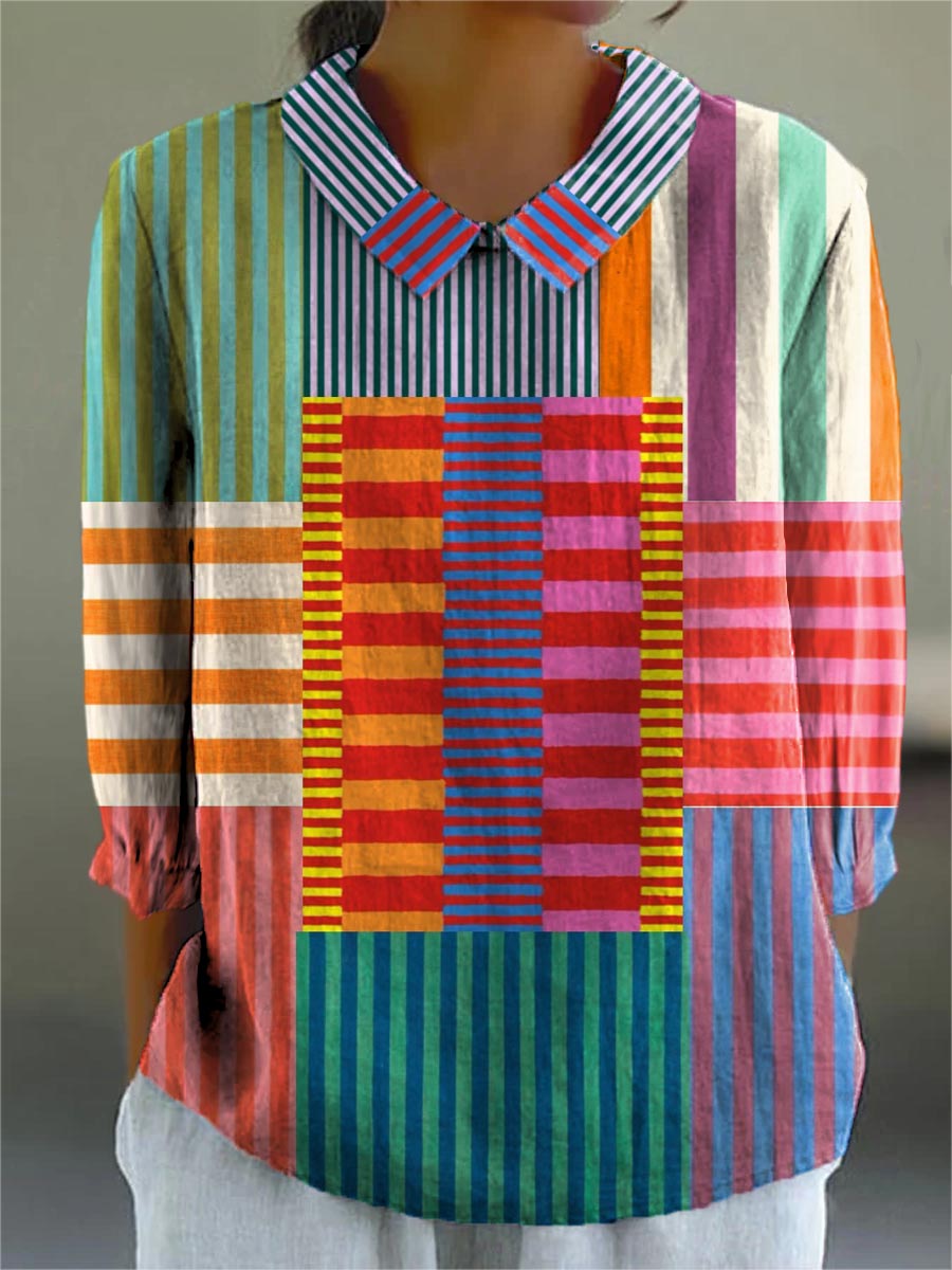 Dames kleurrijk patchwork gestreept shirt van katoen en linnen met 3/4 mouwen