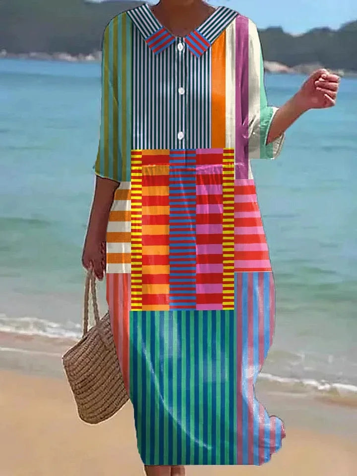 Mabel | Levendige patchwork midi-jurk met knopen, Peter Pan-kraag en driekwartmouwen