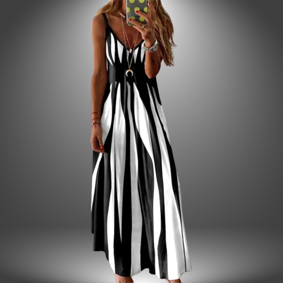 Aria - Elegante Mouwloze Lange Jurk met Gestreepte Print