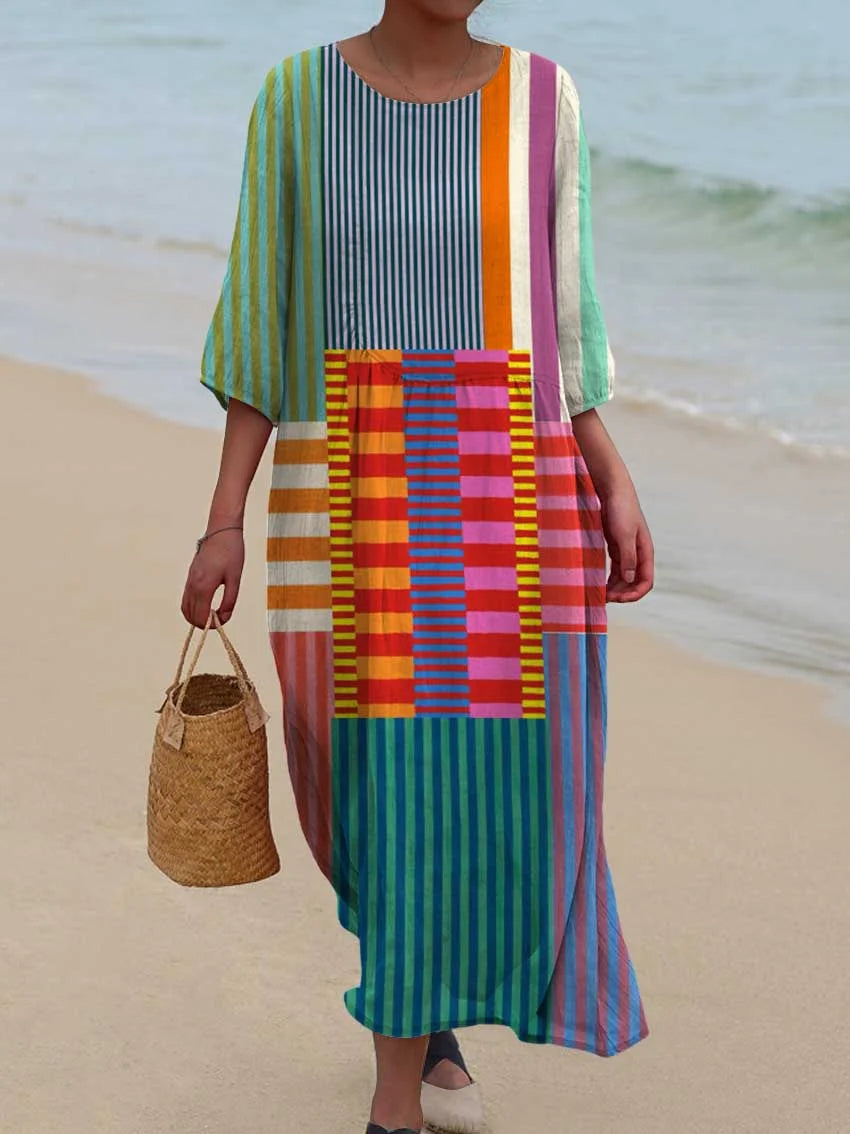 Dames kleurrijk patchwork gestreept shirt van katoen en linnen met 3/4 mouwen