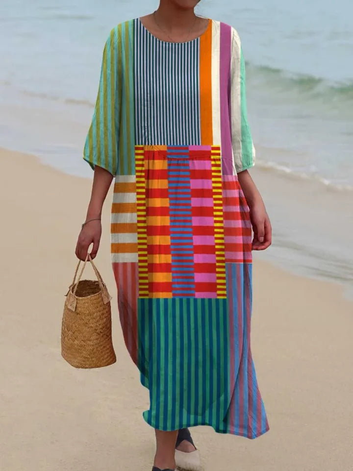Chloe | Levendige patchwork midi-jurk met driekwartmouwen