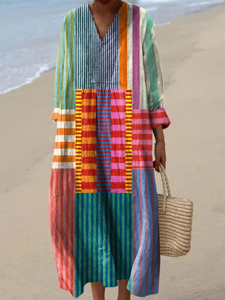 Arabella | Levendige patchwork maxi-jurk met borstzak
