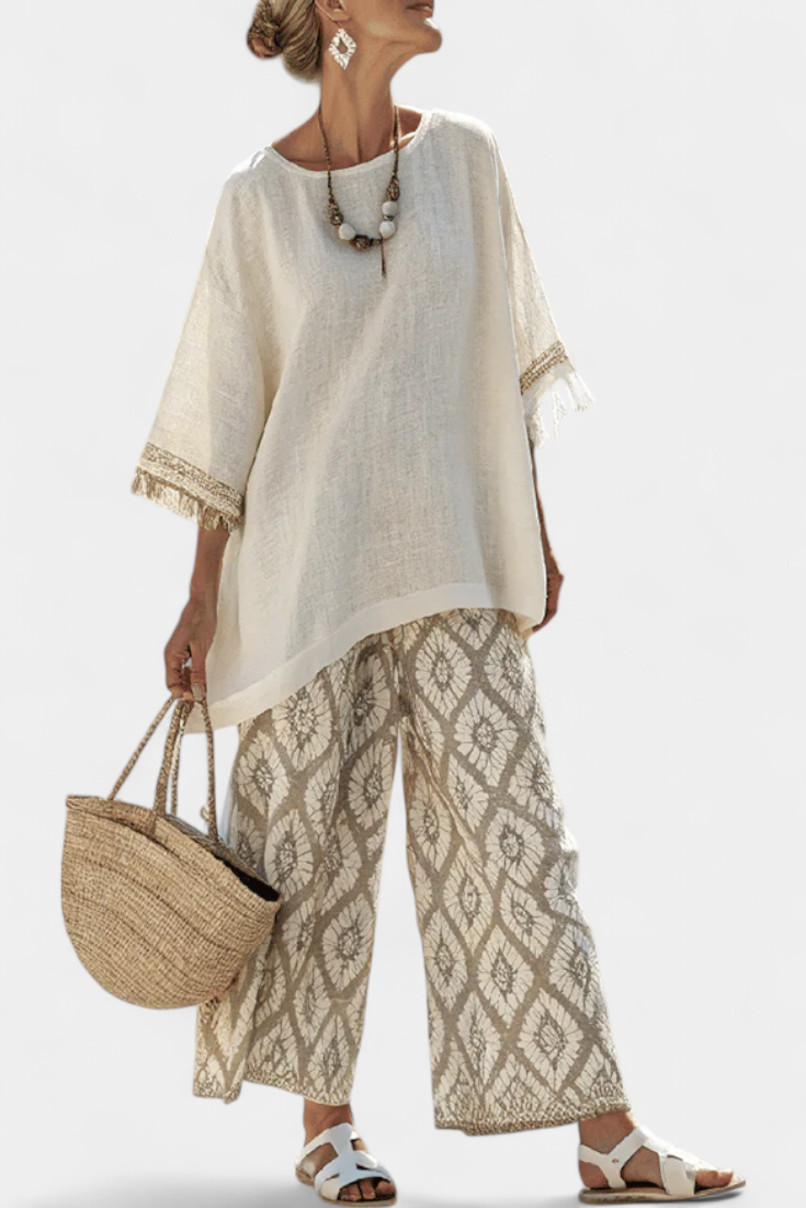 Boho Chic Daisy-set: Wijde Blouse en Bedrukte Broek voor een Unieke Stijl