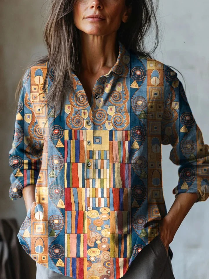 Dames mouwloze katoenen overslagjurk met zak en abstract geometrisch patroon kunstprint