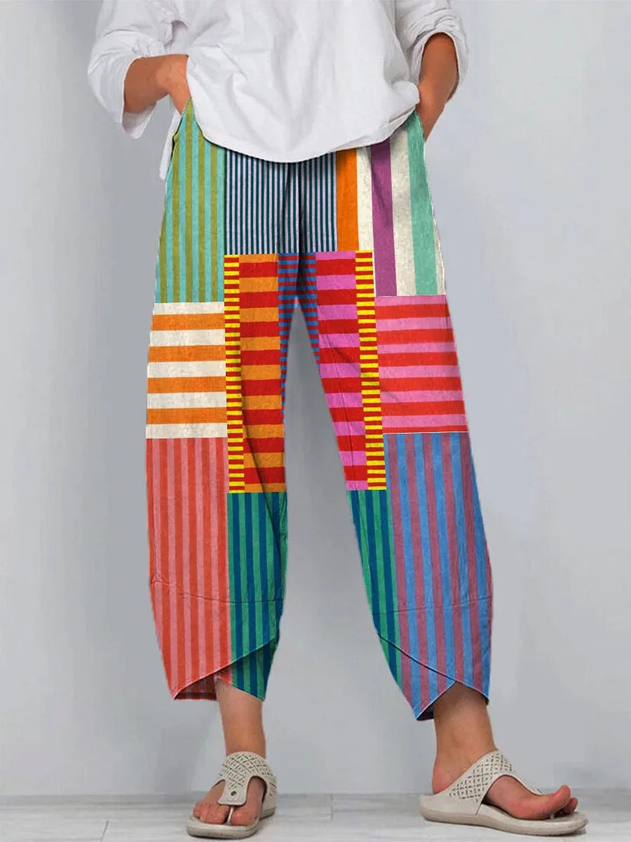 Dames kleurrijk patchwork gestreept shirt van katoen en linnen met 3/4 mouwen