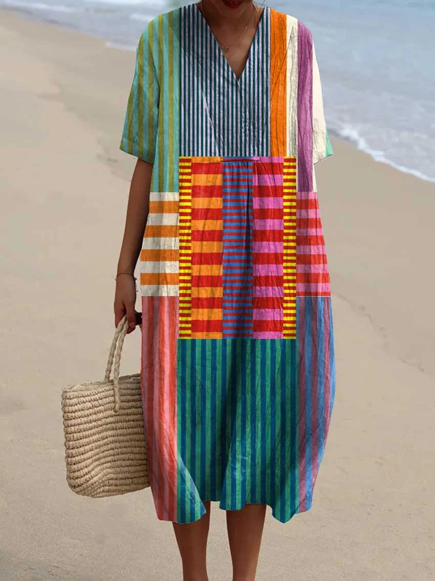 Dames kleurrijk patchwork gestreept shirt van katoen en linnen met 3/4 mouwen