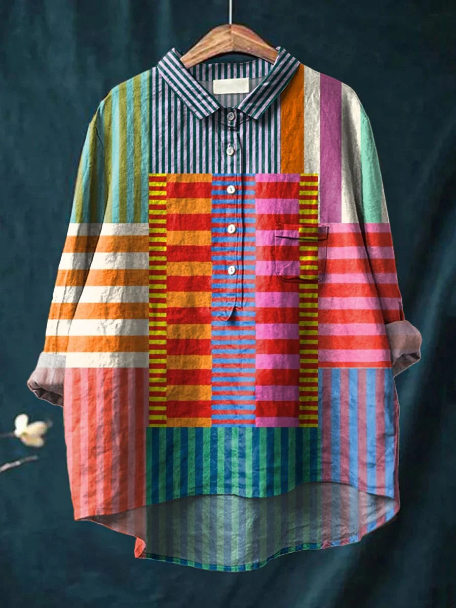 Dames kleurrijk patchwork gestreept shirt van katoen en linnen met 3/4 mouwen
