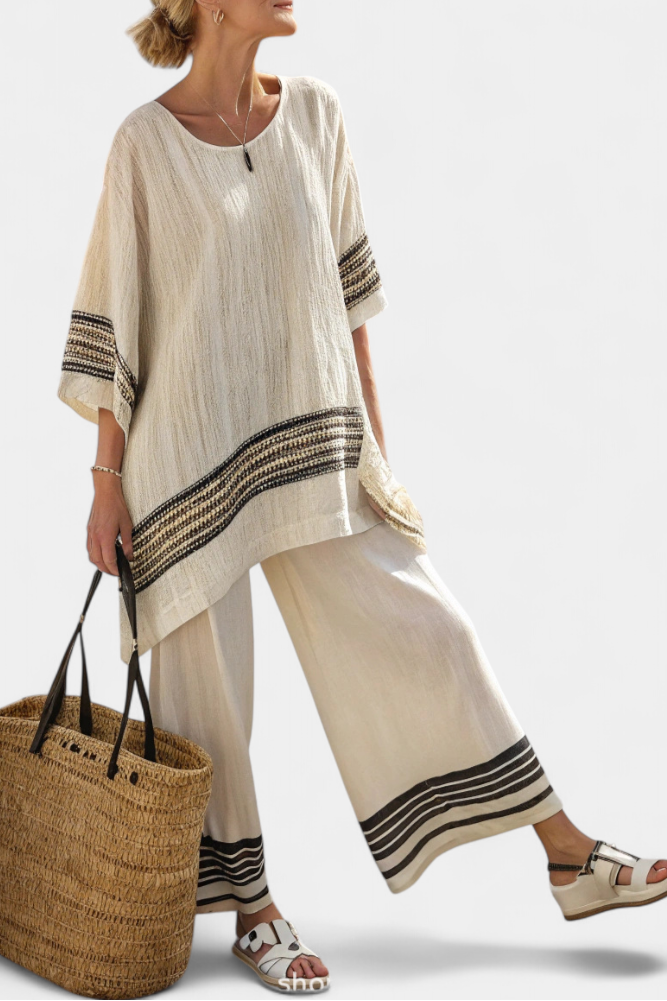 Mediterrane Daisy-set in bamboelinnen met elegante rode en groene strepen