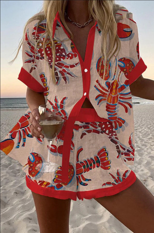 Daphira™ | Linnen shortset met kreeftprint