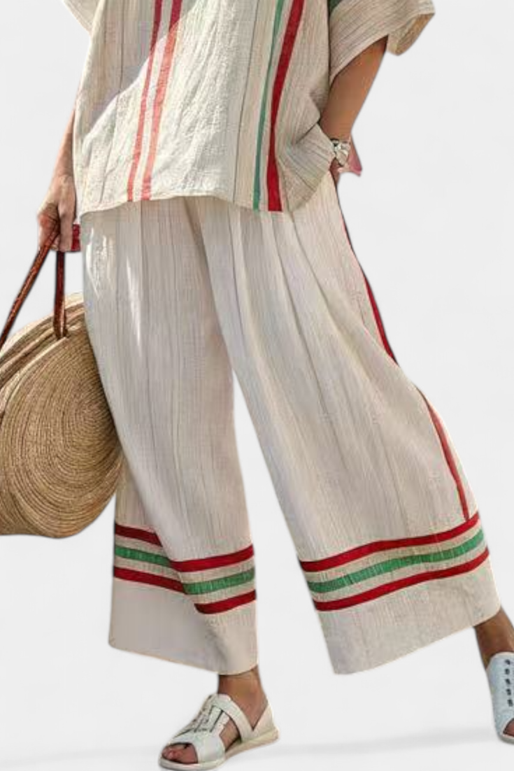 Mediterrane Daisy-set in bamboelinnen met elegante rode en groene strepen