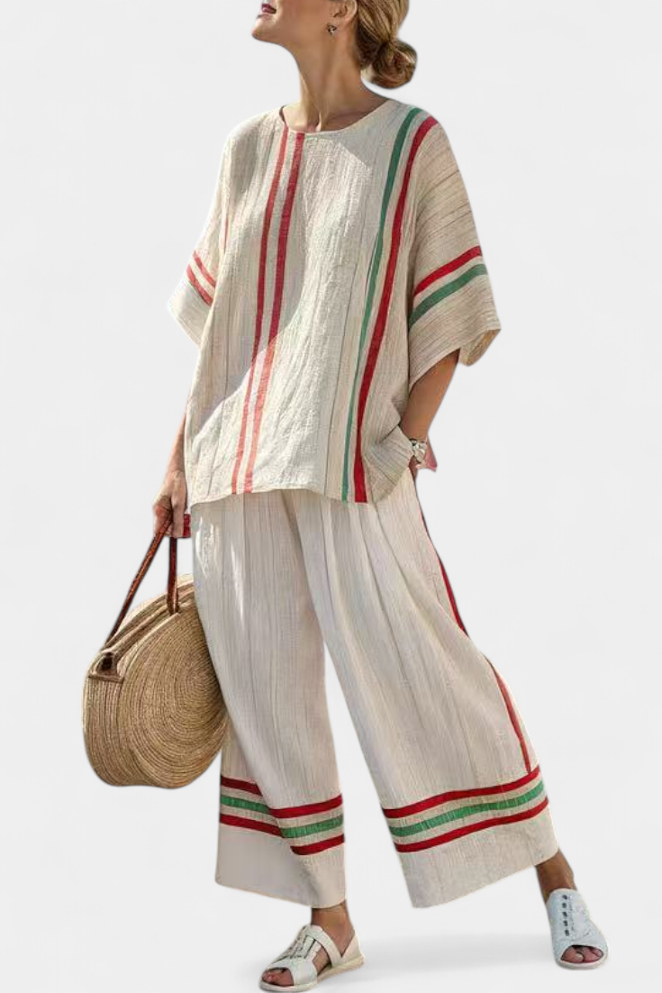 Mediterrane Daisy-set in bamboelinnen met elegante rode en groene strepen