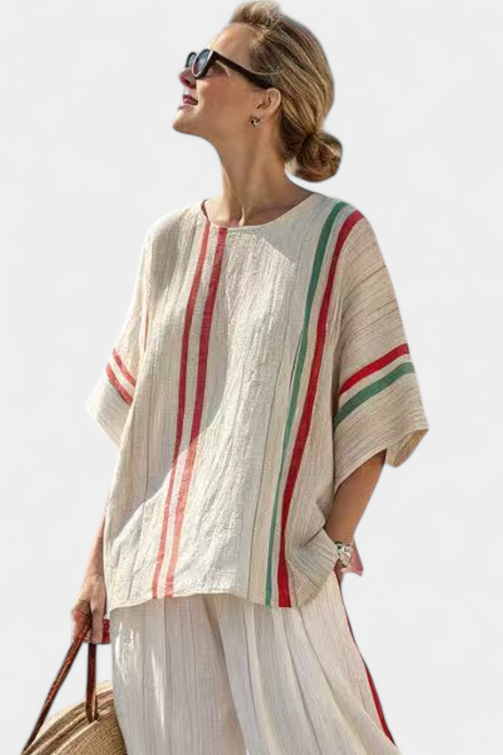 Mediterrane Daisy-set in bamboelinnen met elegante rode en groene strepen