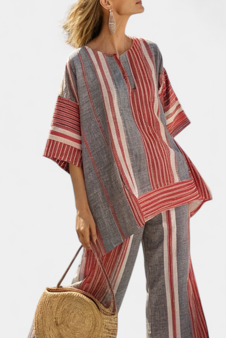 Oversized Daisy-set in linnen met rok in koraalrode en grijze strepen, moderne en comfortabele stijl