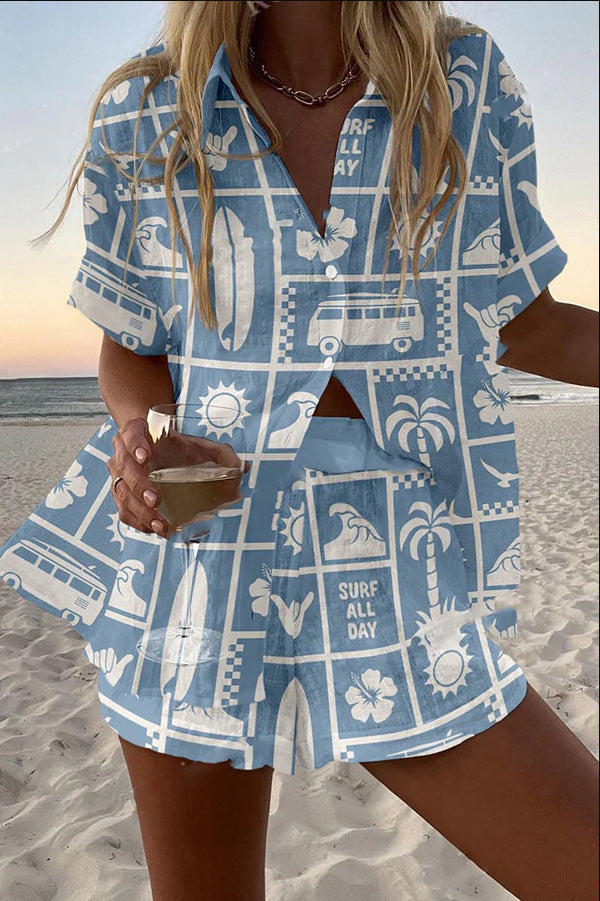 Trenara™ | Linnen shortset met Caravan-print