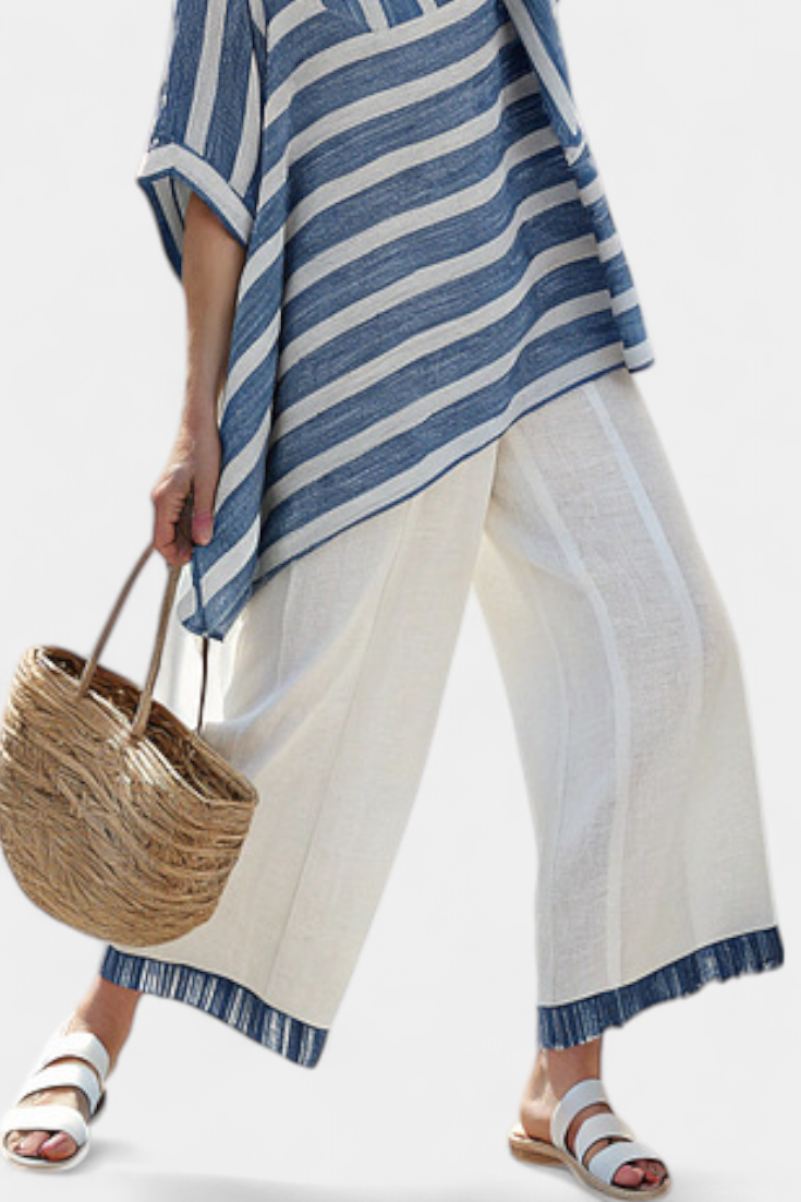Elegante Mediterrane Linnen Set met Blauwe Strepen en Broek met Gezoomde Afwerking voor een Frisse en Elegante Look