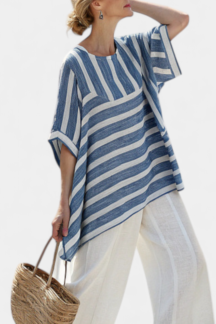 Elegante Mediterrane Linnen Set met Blauwe Strepen en Broek met Gezoomde Afwerking voor een Frisse en Elegante Look
