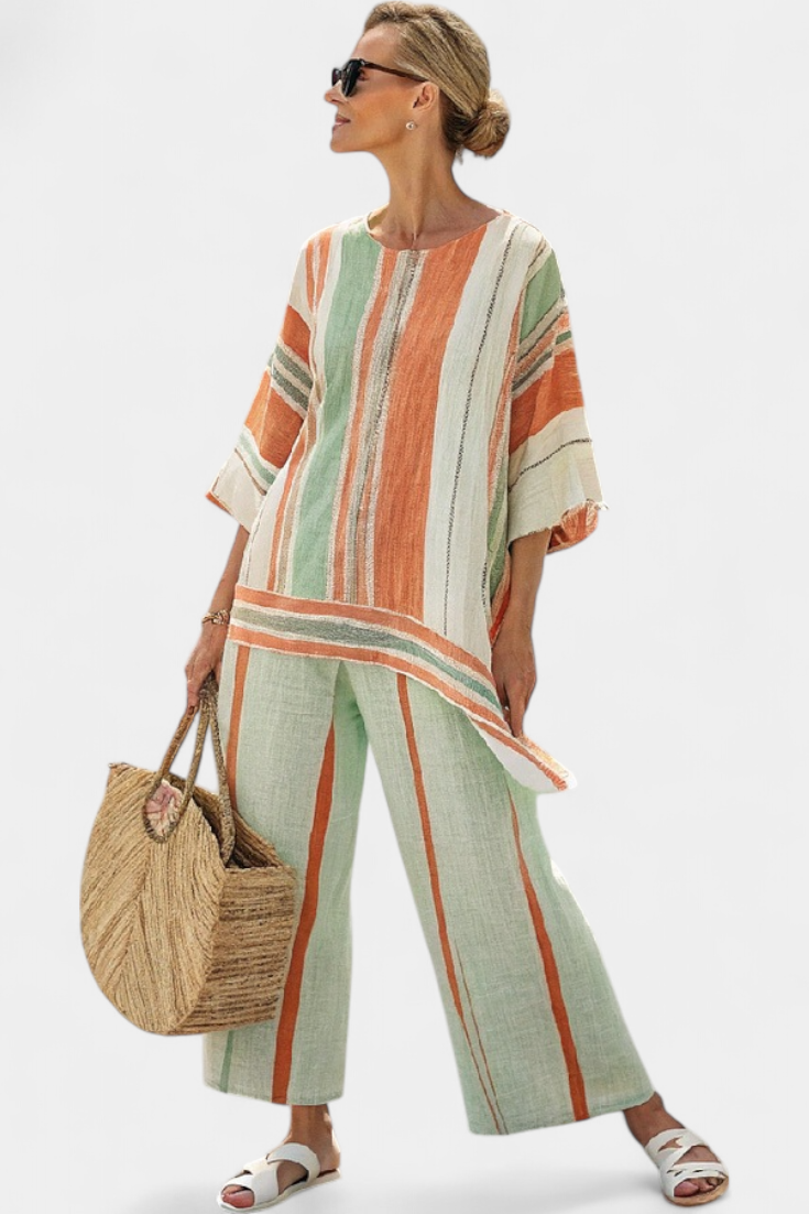 Elegante Bamboelinnen Set met Gestreepte Asymmetrische Blouse en Wijde Broek voor een Verfijnde Stijl