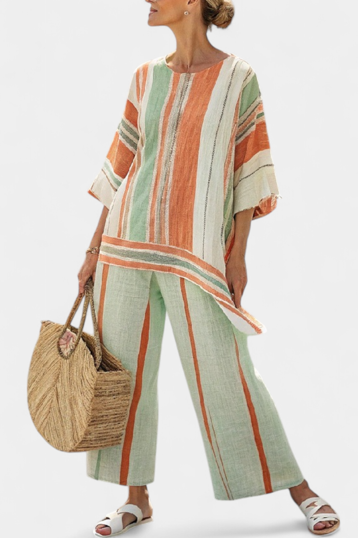 Elegante Bamboelinnen Set met Gestreepte Asymmetrische Blouse en Wijde Broek voor een Verfijnde Stijl