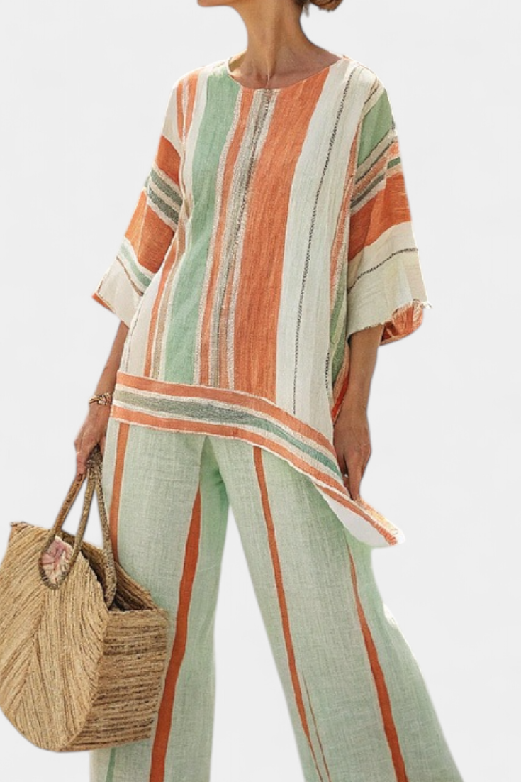 Elegante Bamboelinnen Set met Gestreepte Asymmetrische Blouse en Wijde Broek voor een Verfijnde Stijl