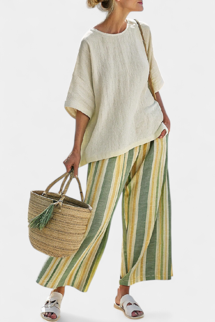 Mediterrane Daisy-set in bamboelinnen met olijfgroene strepen voor een verfrissende en verfijnde stijl