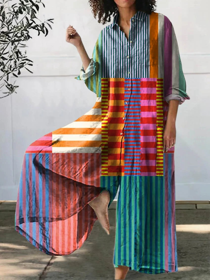 Dames kleurrijk patchwork gestreept shirt van katoen en linnen met 3/4 mouwen