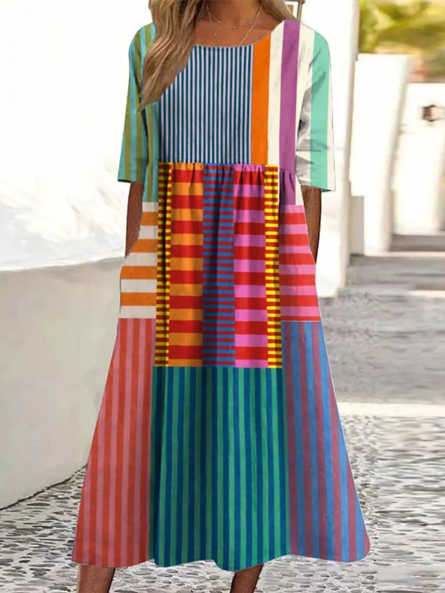 Dames kleurrijk patchwork gestreept shirt van katoen en linnen met 3/4 mouwen