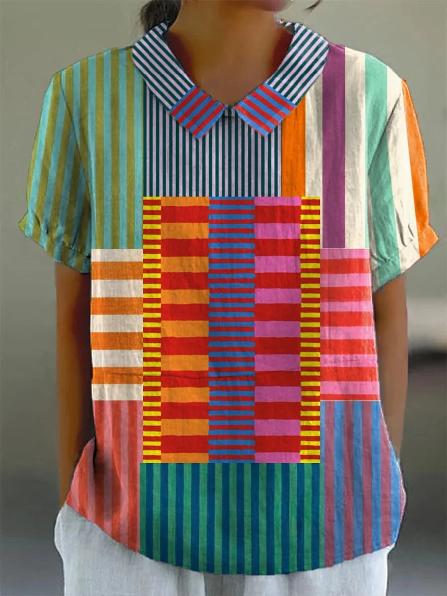 Dames kleurrijk patchwork gestreept shirt van katoen en linnen met 3/4 mouwen