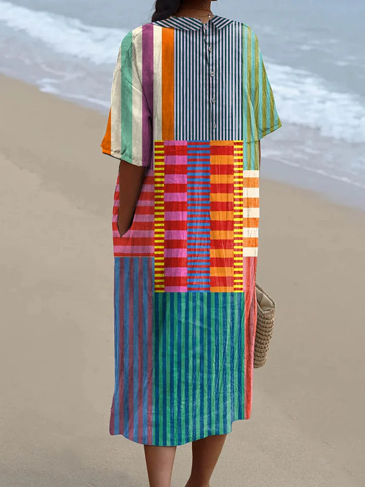 Dames kleurrijk patchwork gestreept shirt van katoen en linnen met 3/4 mouwen