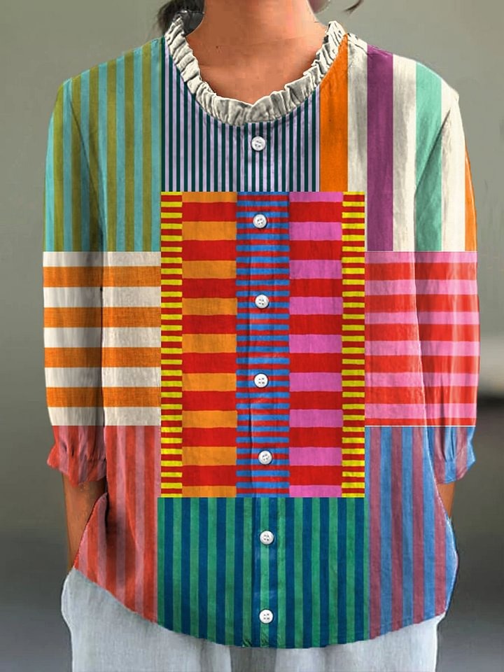 Dames kleurrijk patchwork gestreept shirt van katoen en linnen met 3/4 mouwen