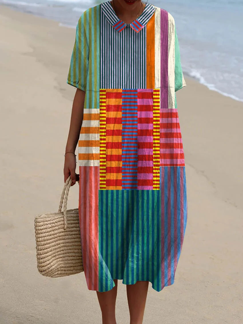 Dames kleurrijk patchwork gestreept shirt van katoen en linnen met 3/4 mouwen