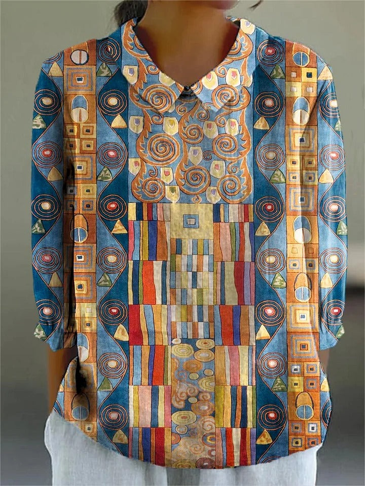 Dames mouwloze katoenen overslagjurk met zak en abstract geometrisch patroon kunstprint