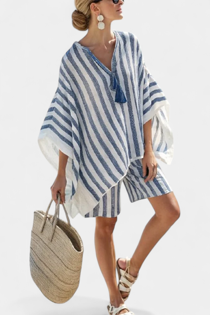Gestreepte Nancy-set met oversized blouse en elegante shorts