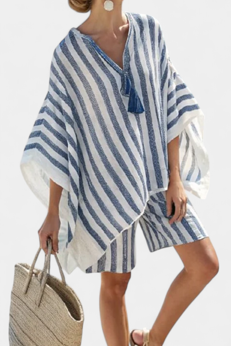 Gestreepte Nancy-set met oversized blouse en elegante shorts