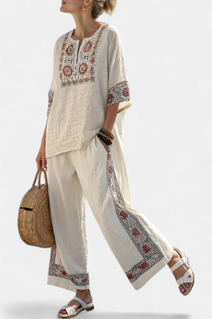 Mediterrane Daisy-set in bamboelinnen met elegante rode en groene strepen